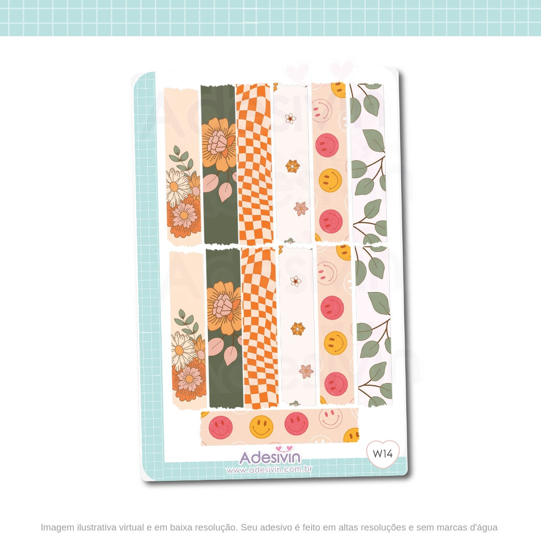 W14 - Cartela de Adesivo Fake WashiTape - Groovy Retro