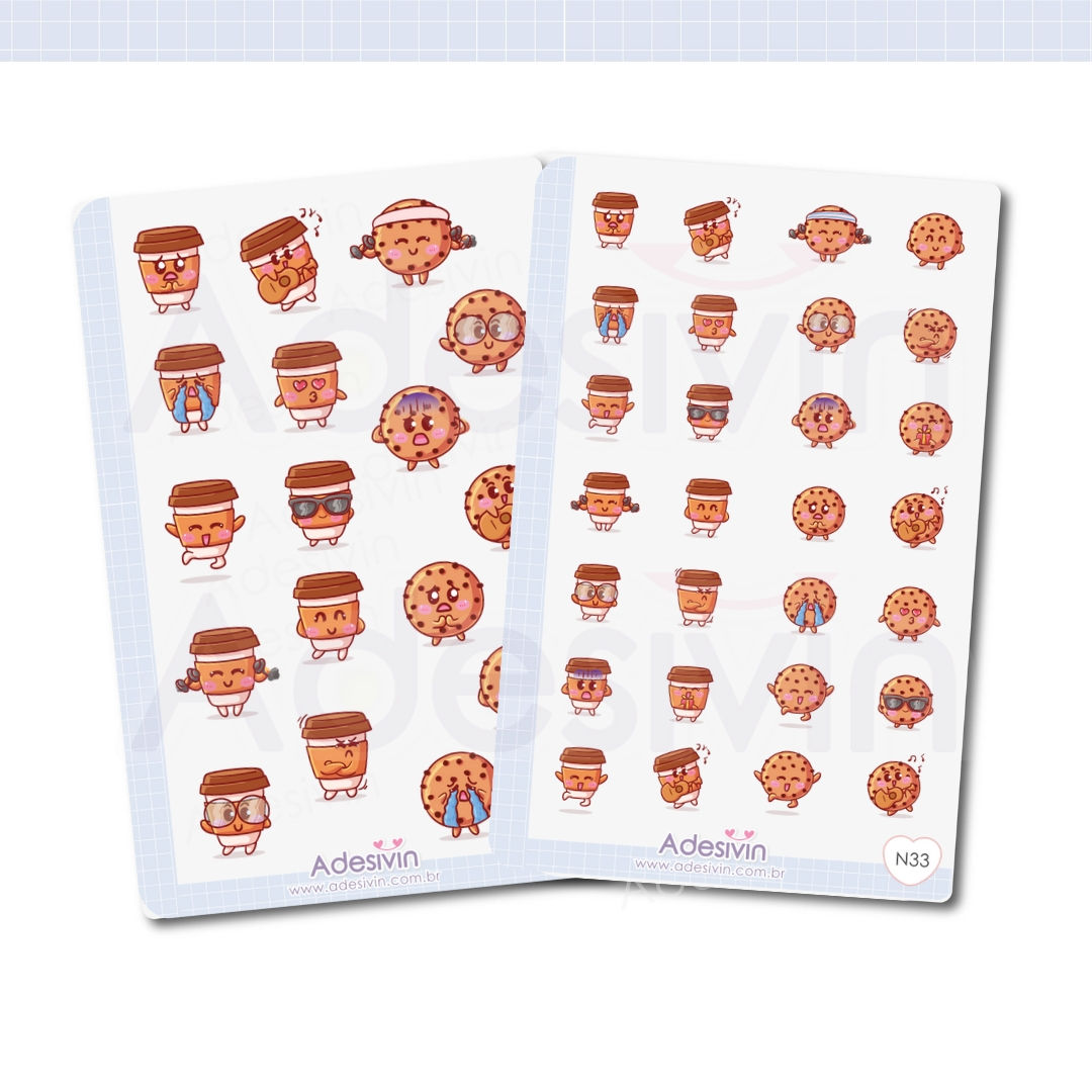 N33 - Cartela de Adesivo Cookies e Café Faces