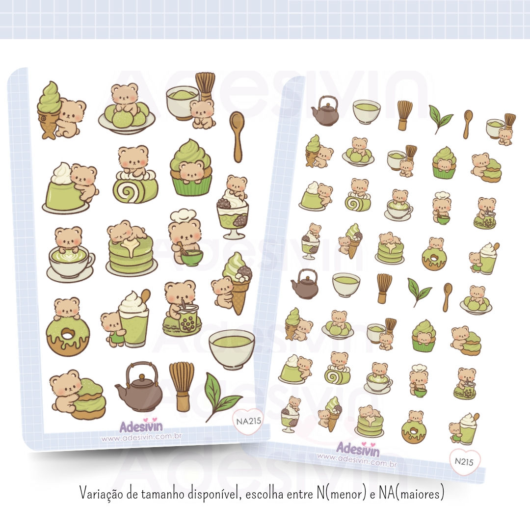 N215 - Cartela de Adesivos Urso Matcha