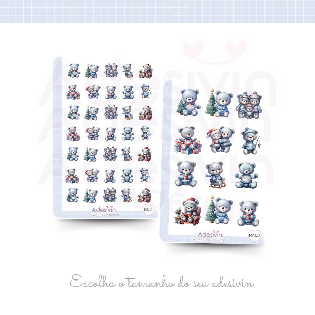 N158 - Cartela de Adesivo Blue o Urso de Natal