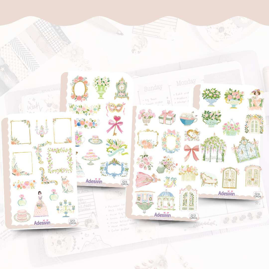 Qk4 - 4 Cartelas de Adesivos Flores Delicadas
