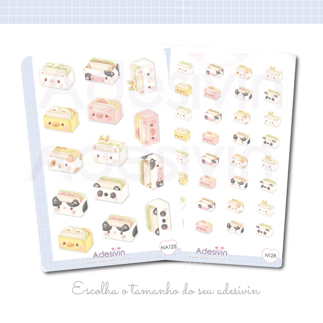 N128 - Cartela de Adesivo Sanduíche Kawaii