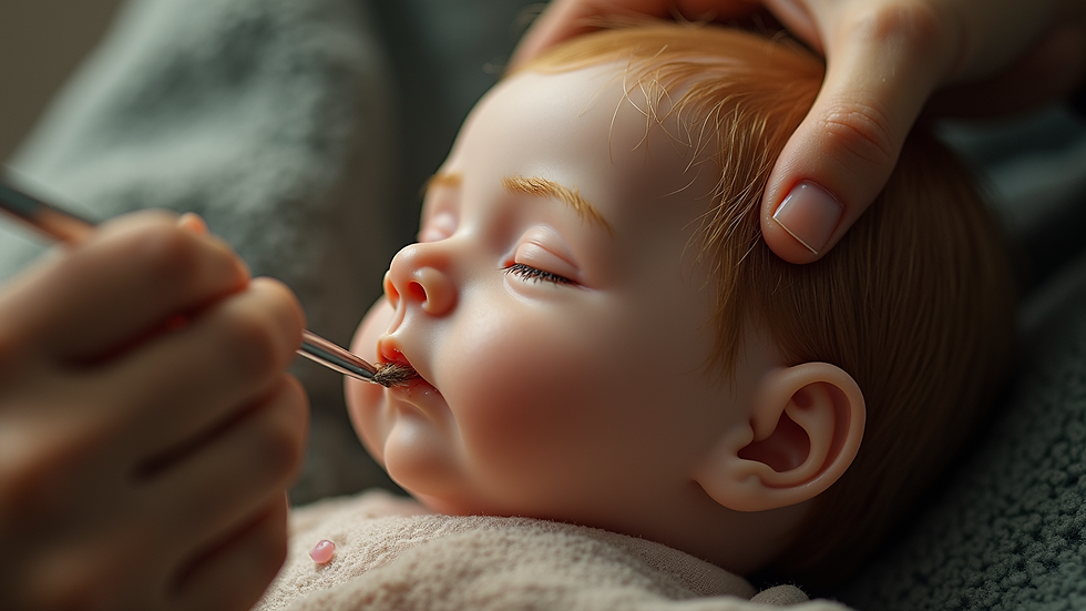 Close-up view of mohair being rooted into a reborn doll's head