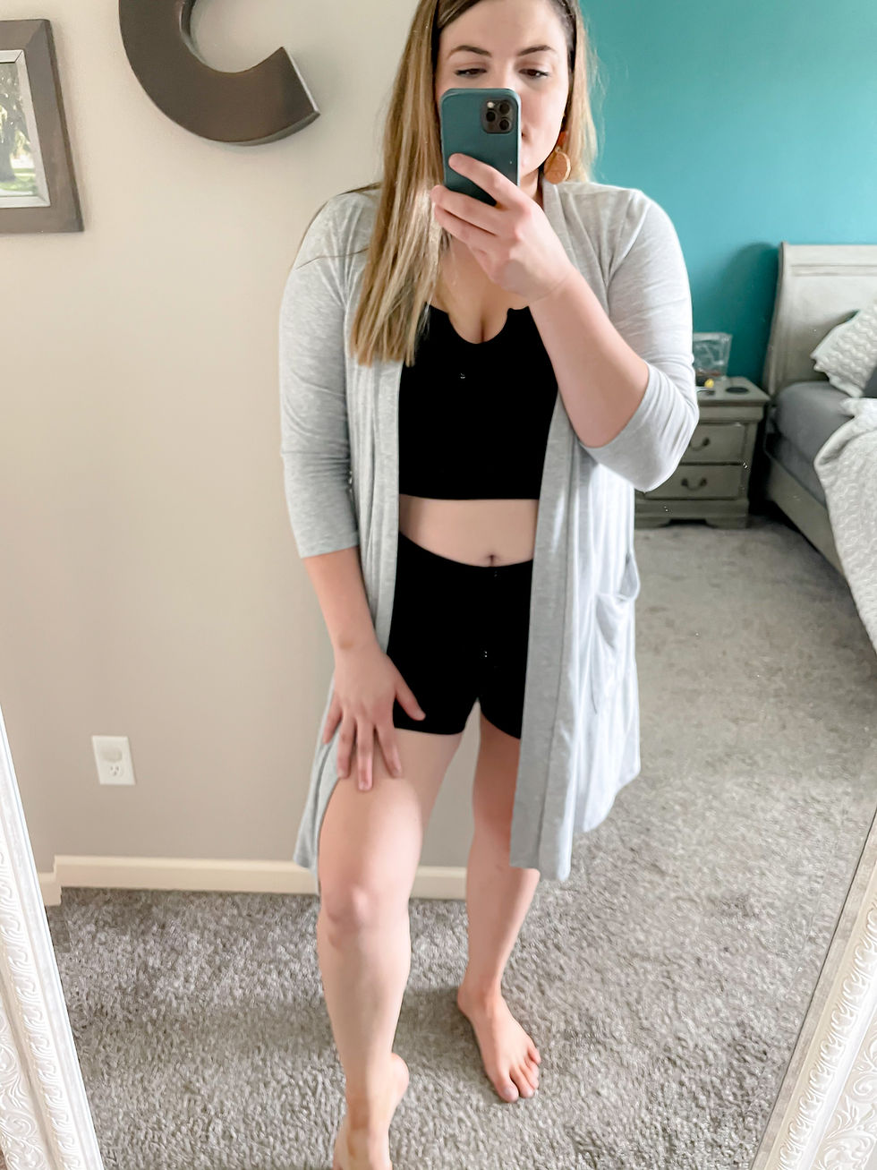biker shorts with ribbed crop tank and gray duster cardigan