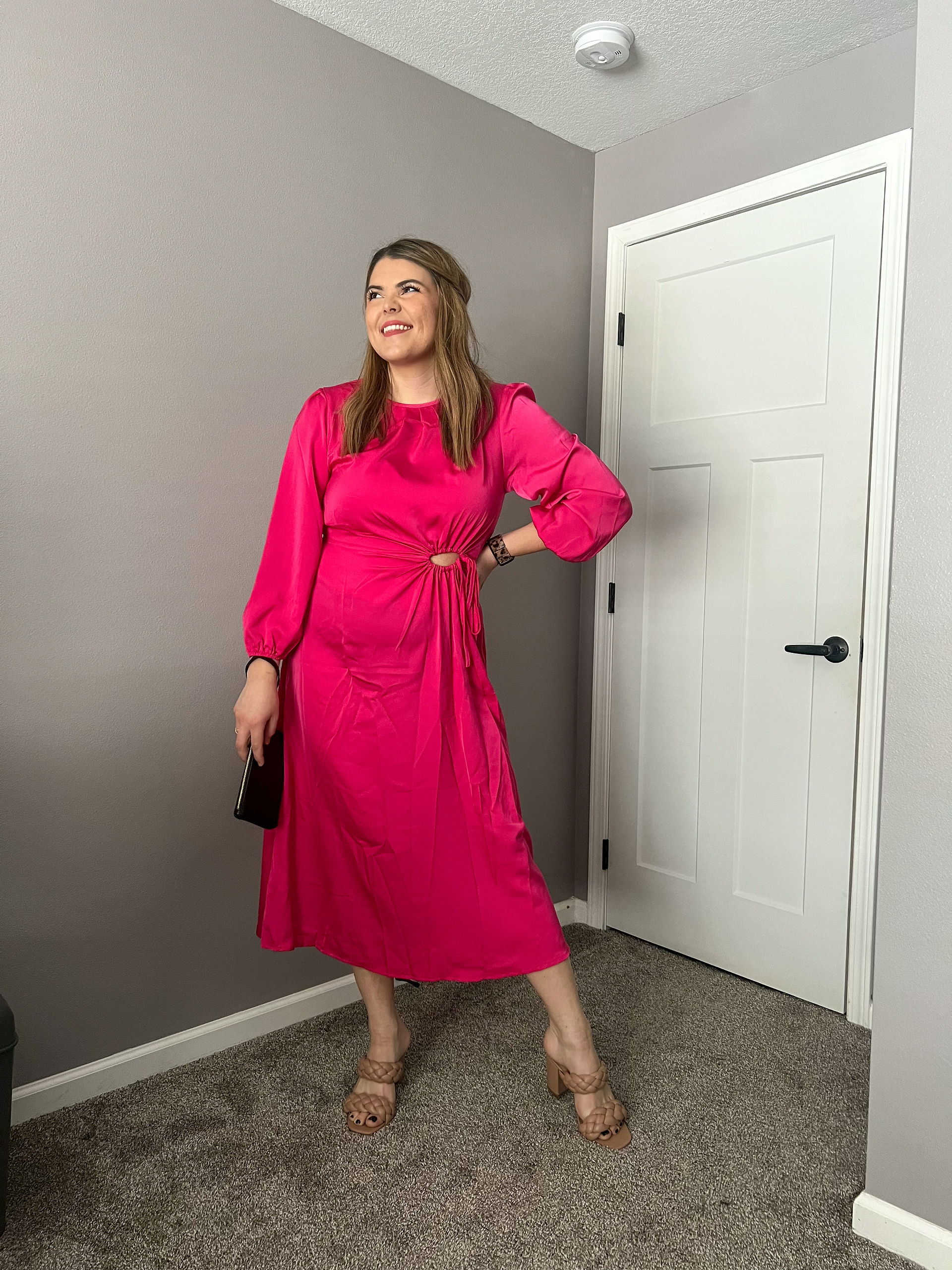 Satin Maxi Dress Puff Long Sleeve Crewneck Cutout Casual A-line Long Flowy Dresses