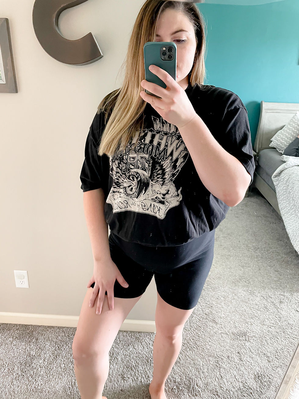 biker shorts with oversized graphic tee