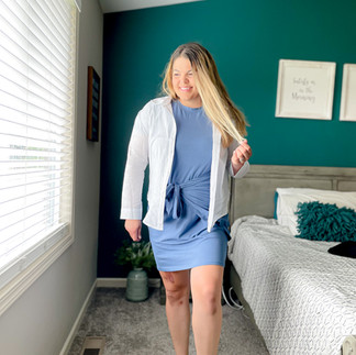 curvy women business casual outfit dress button down