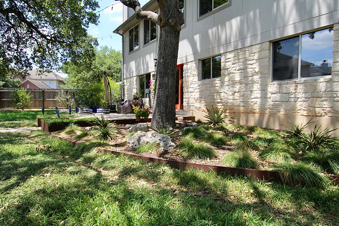 Our friends at Circle C were putting in a new pool, and decided they wanted a modern backyard design to match their remodeling. To define a seating area we created a rounded retaining wall with custom made steel edging and formed a patio with a Lueders Limestone design that goes down into a small staircase and pathway leading to the pool. We removed the existing grass, leveled, put new soil and sodded where it was needed, creating a swale around the perimeter of the yard to redirect rain fall and promote healthy drainage.