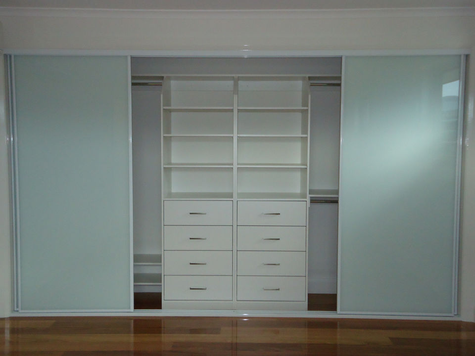 White glass framed sliding panel wardrobe doors Melbourne - 4 door