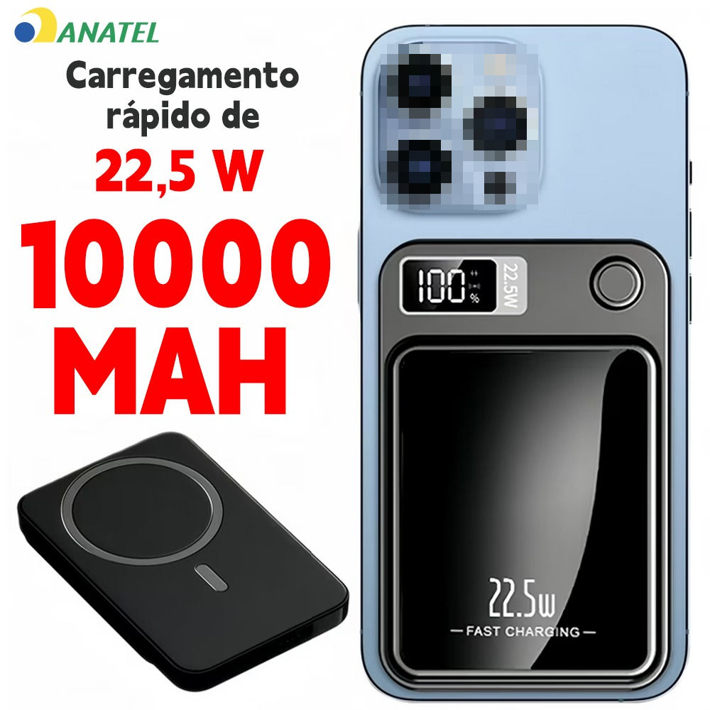 Power Bank 10000mAh Magnético com Tela Digital, Carregador Sem Fio por Induçã