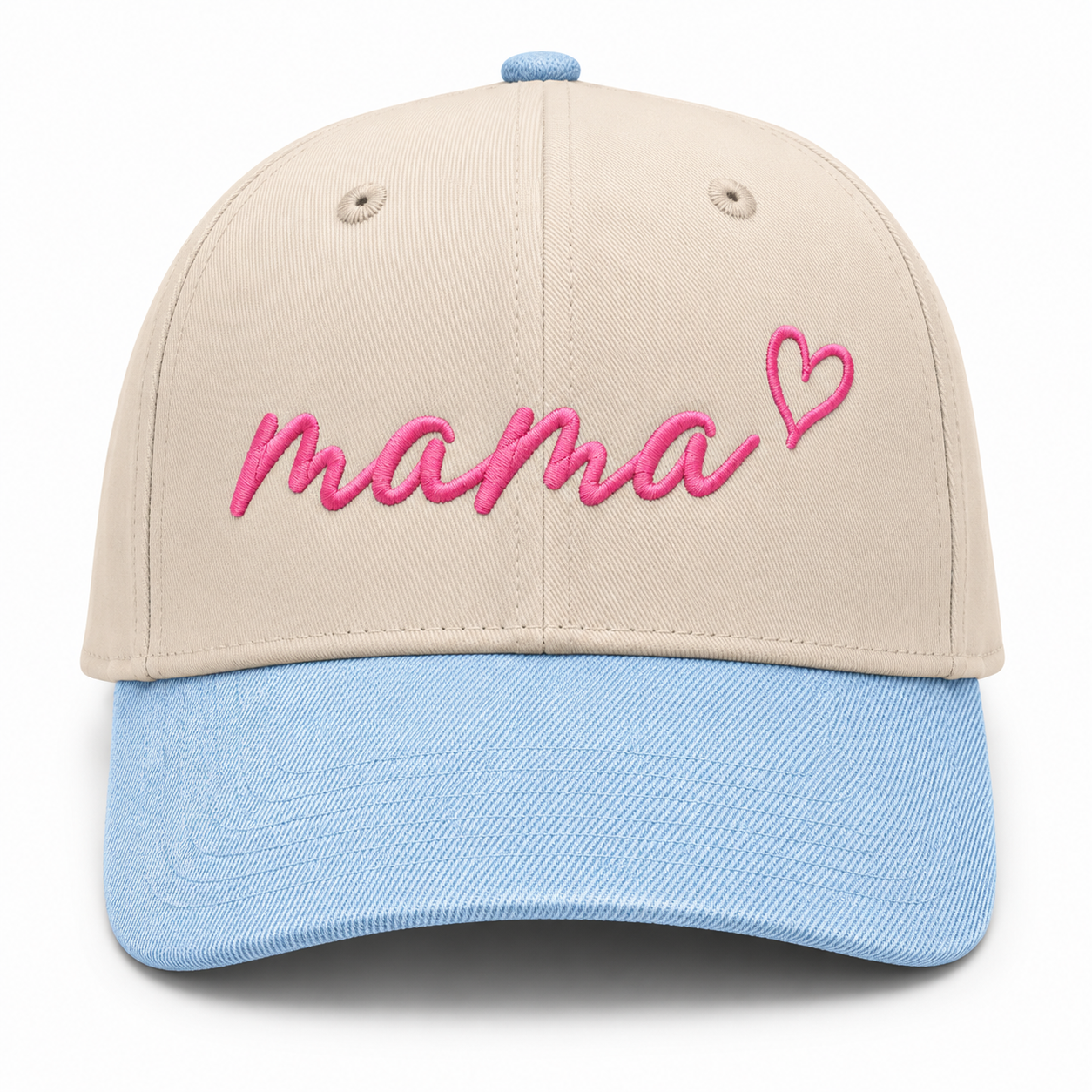 Mama snapback hat in tan and denim with pink embroidery.