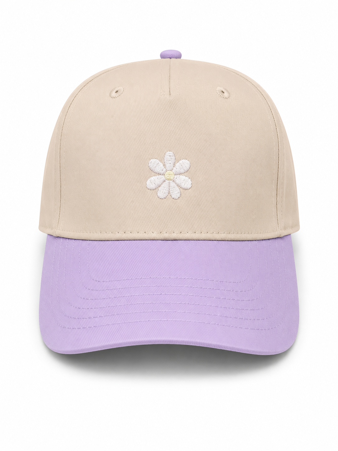 Daisy snapback hat in light purple and tan with flower logo
