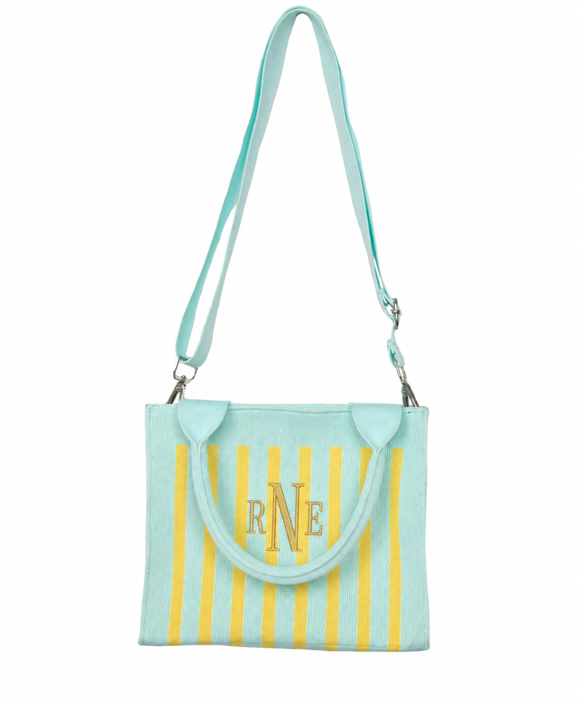Mini teal and yellow striped tote bag with RNE monogram
