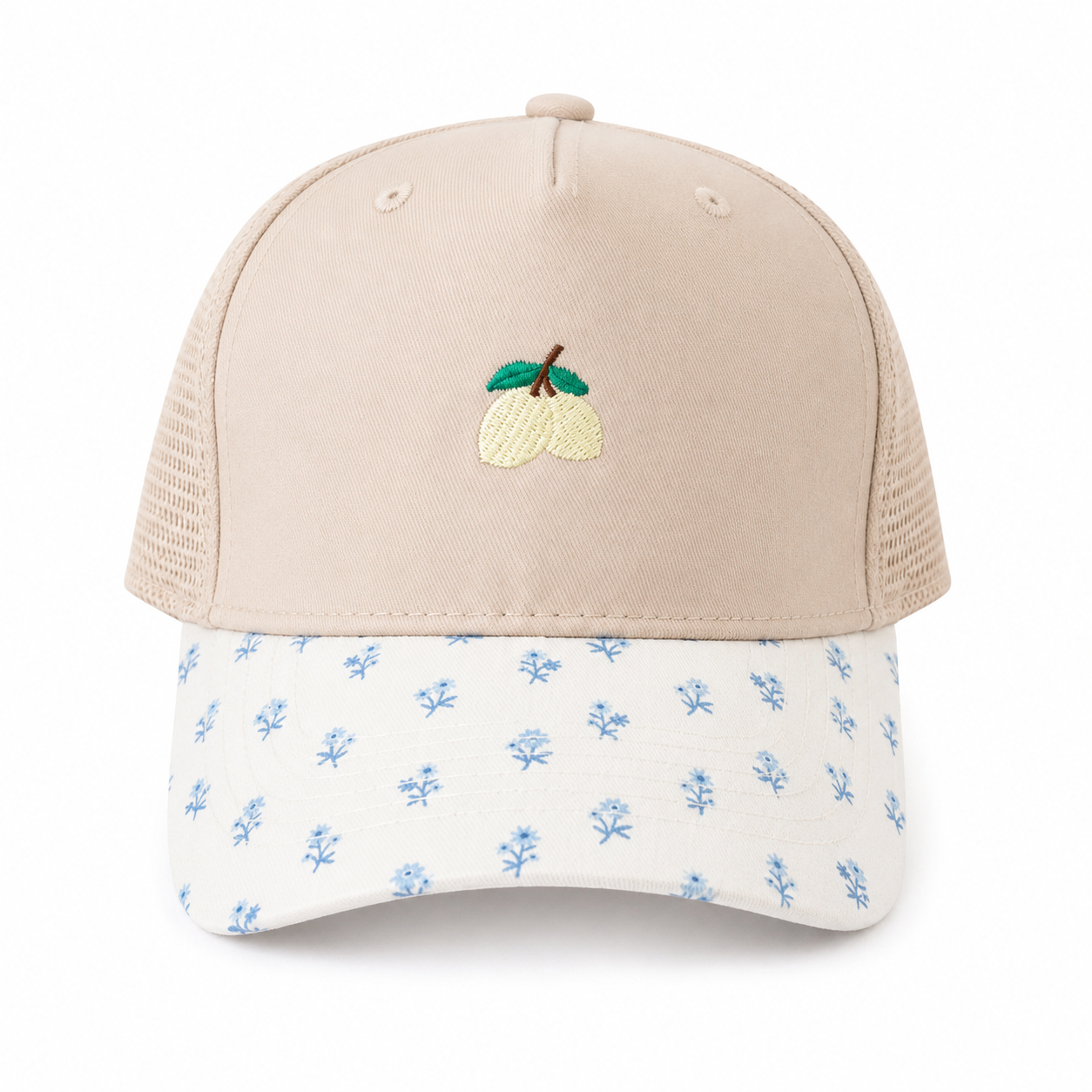 Tan lemon snapback with light blue floral brim