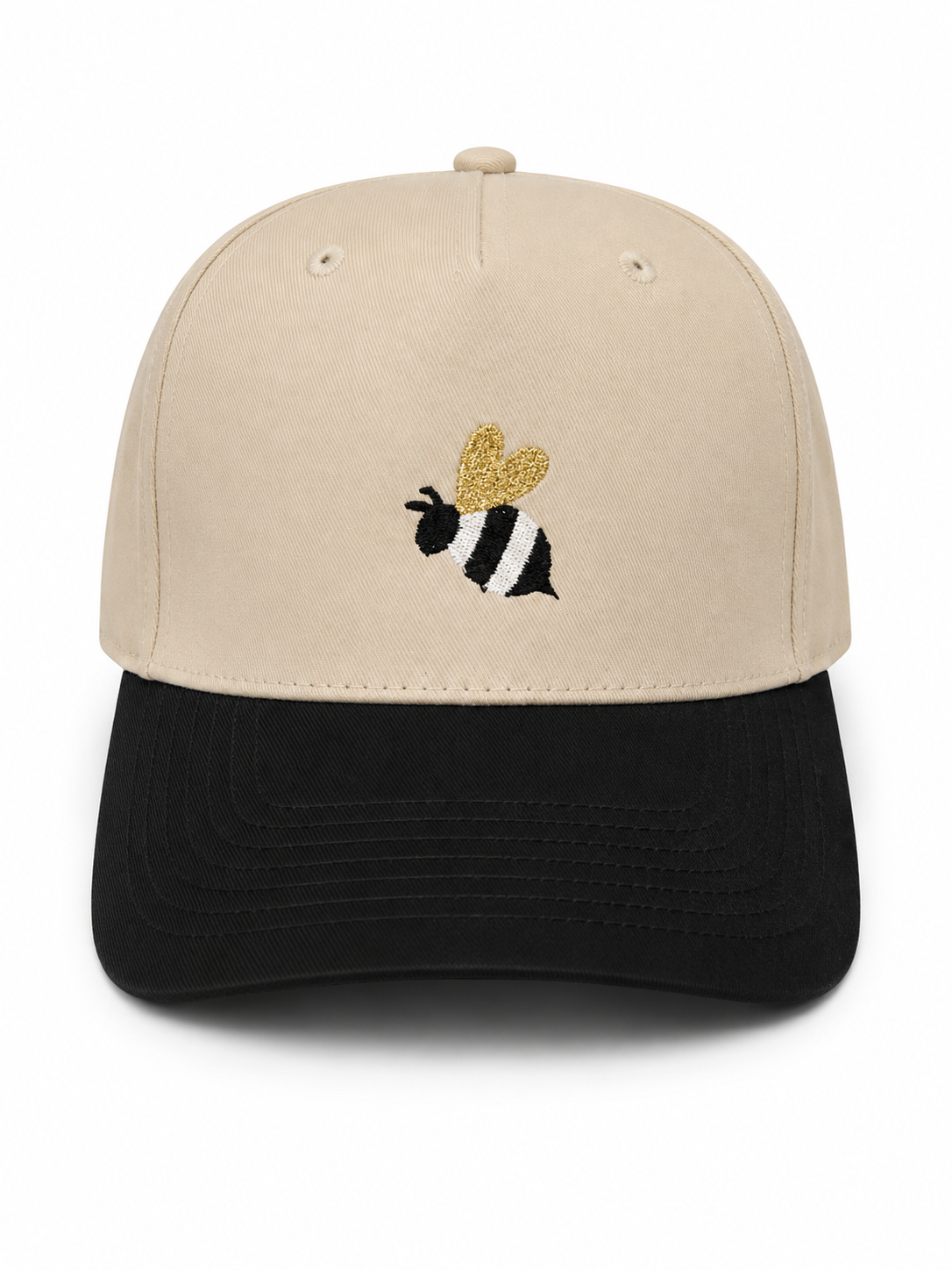 Black and tan snapback hat with embroidered bee design