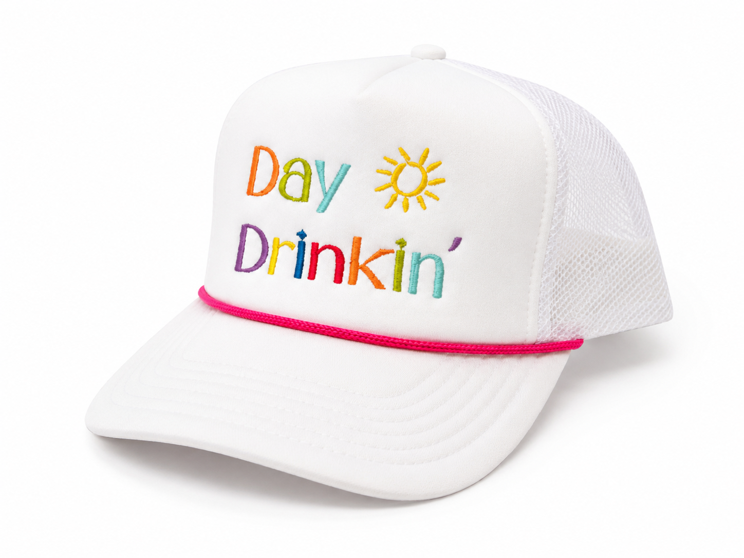 White Day Drinkin' snapback hat with hot pink rope trim