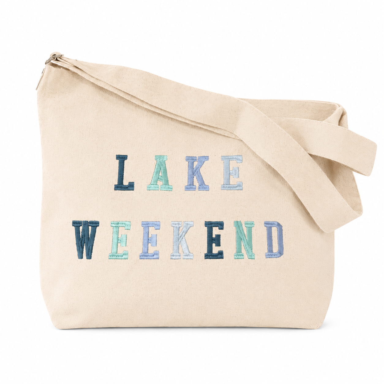 Lake Weekend Canvas Tote with blue and green lettering