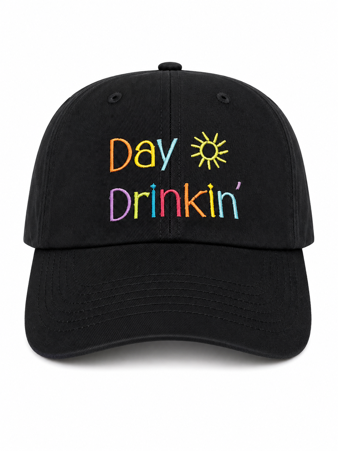 Black Day Drinkin' dad hat with colorful text and sun.