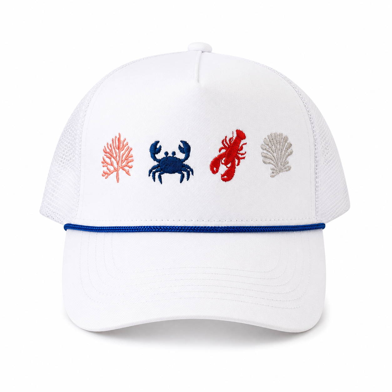White Coastal Snapback with navy blue rope and sea icons