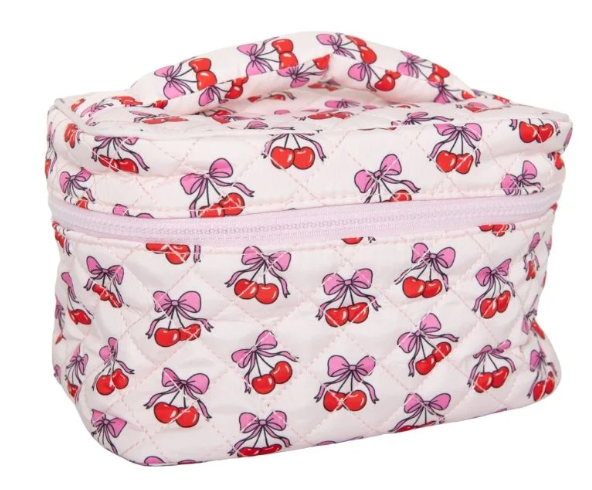 Quilted cherry bows cosmetic makeup bag with top handle