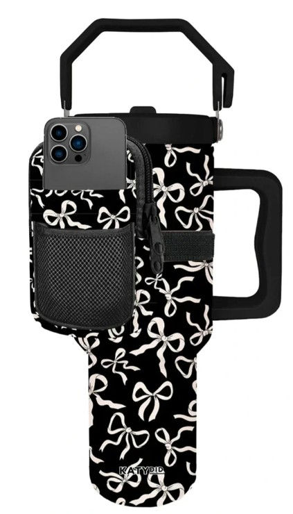 Black and white bows tumbler pouch with phone pocket