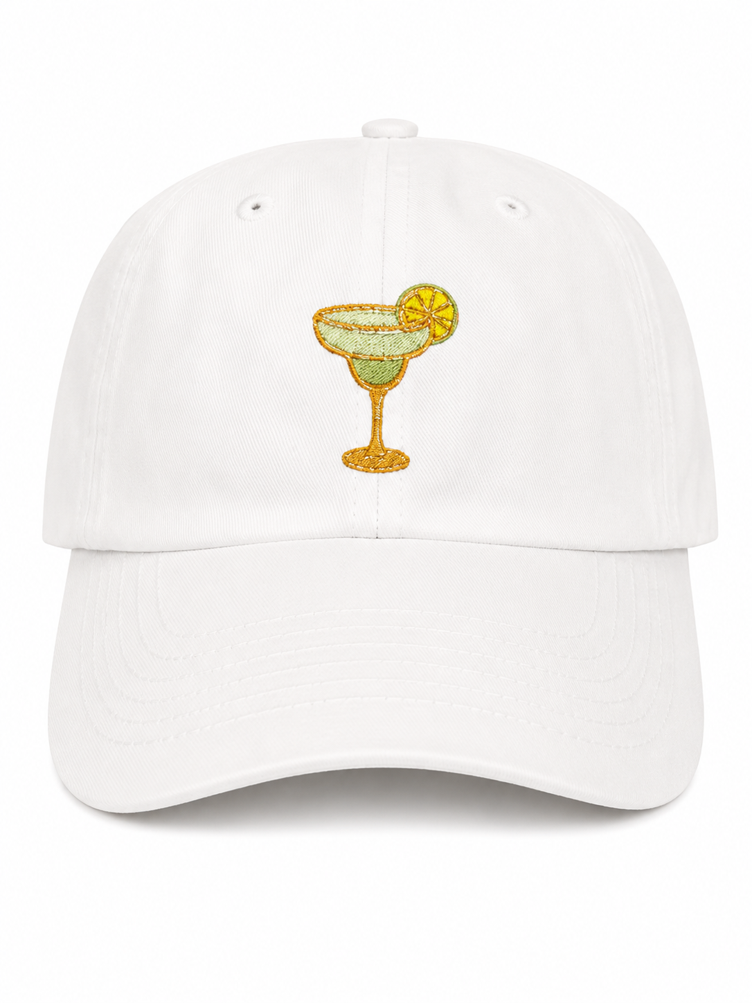 White baseball cap with a margarita glass embroidery.