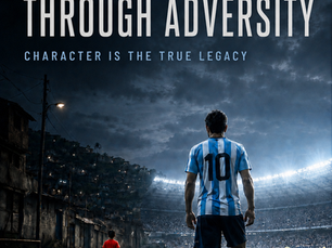 Book cover forGrowing FreeThrough AdversityMessi's True Legacy Is Character by Fang Tianliang. Vertical design featuring Lionel Messi walking alone on a football pitch at dusk, soft golden light, subtle museum-style frame, title in clean modern typography.