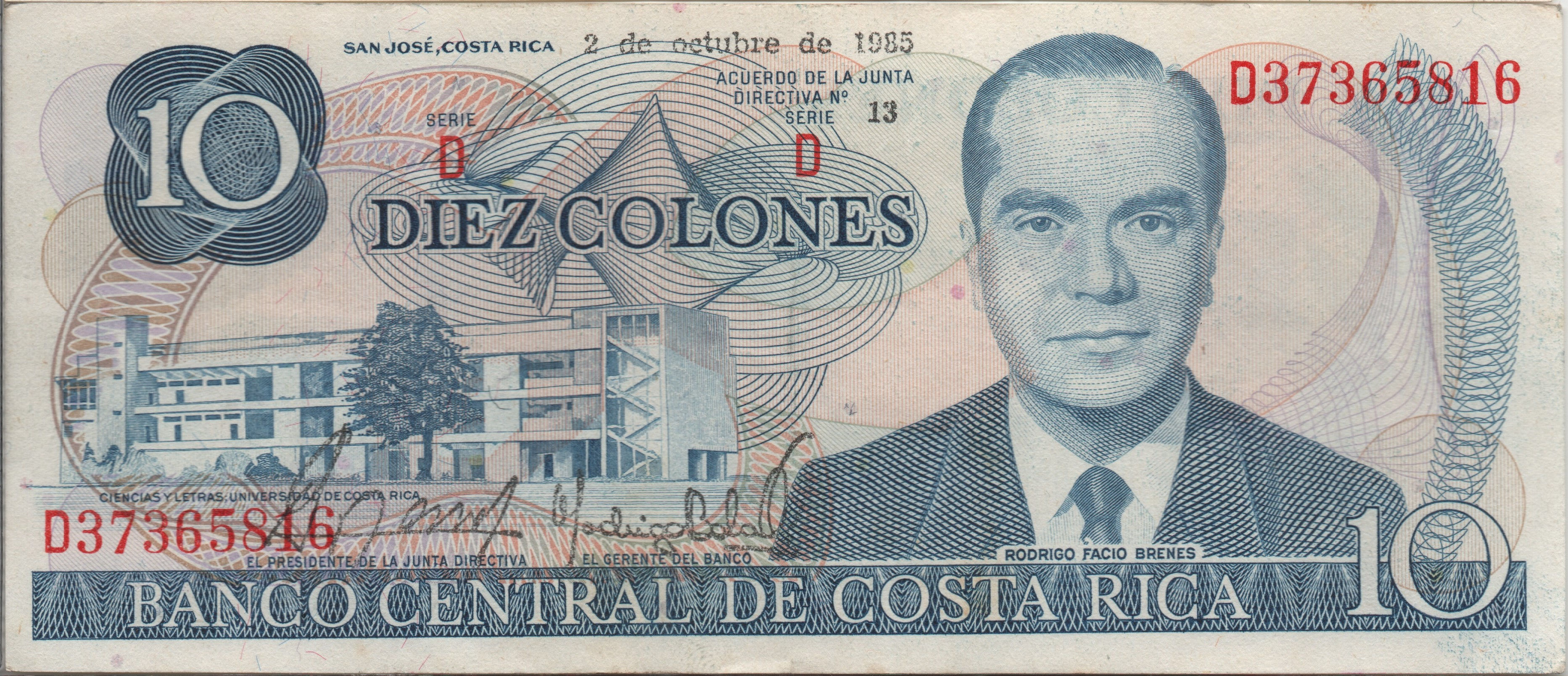 Billete de Costa Rica 10 colones serie D