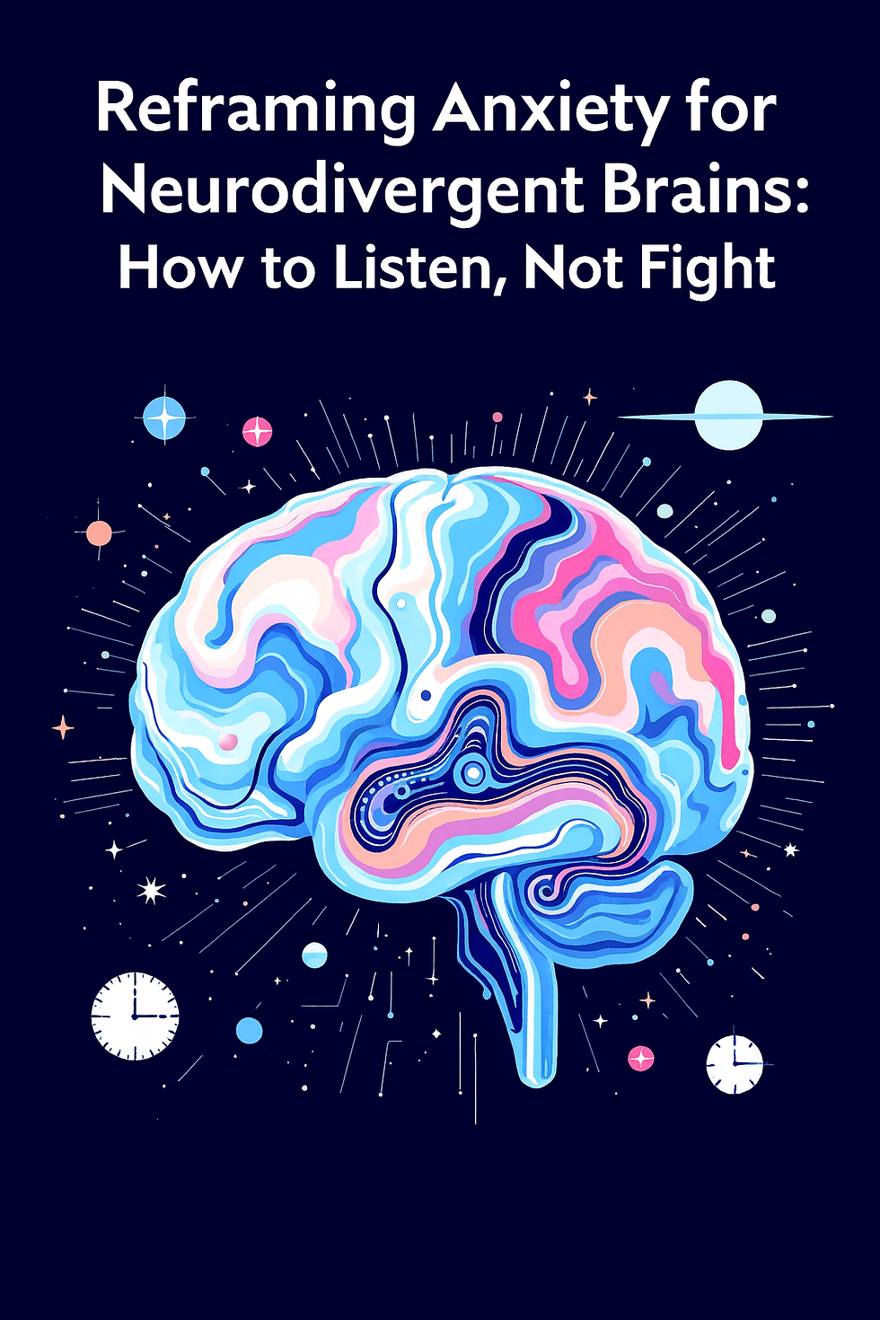 Abstract colorful illustration of a human brain with cosmic patterns and clocks, overlaid with the text ‘Reframing Anxiety for Neurodivergent Brains: How to Listen, Not Fight.