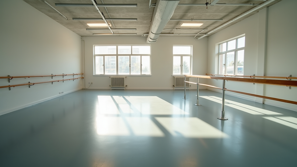 High angle view of a dance studio with ballet barres and polished floors