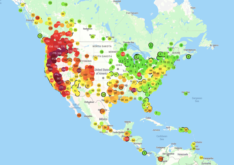 Air quality map California AQI terrible bad Sonoma Napa Fires