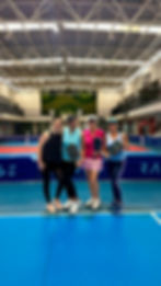 Four women playing pickleball in a shopping mall in Guatemala City. Bonnie Coffey