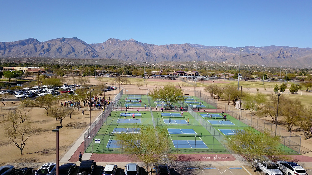 Aerial view drone shot Grand opening ceremony of pickleball courts at Udall Park in Tucson, AZ