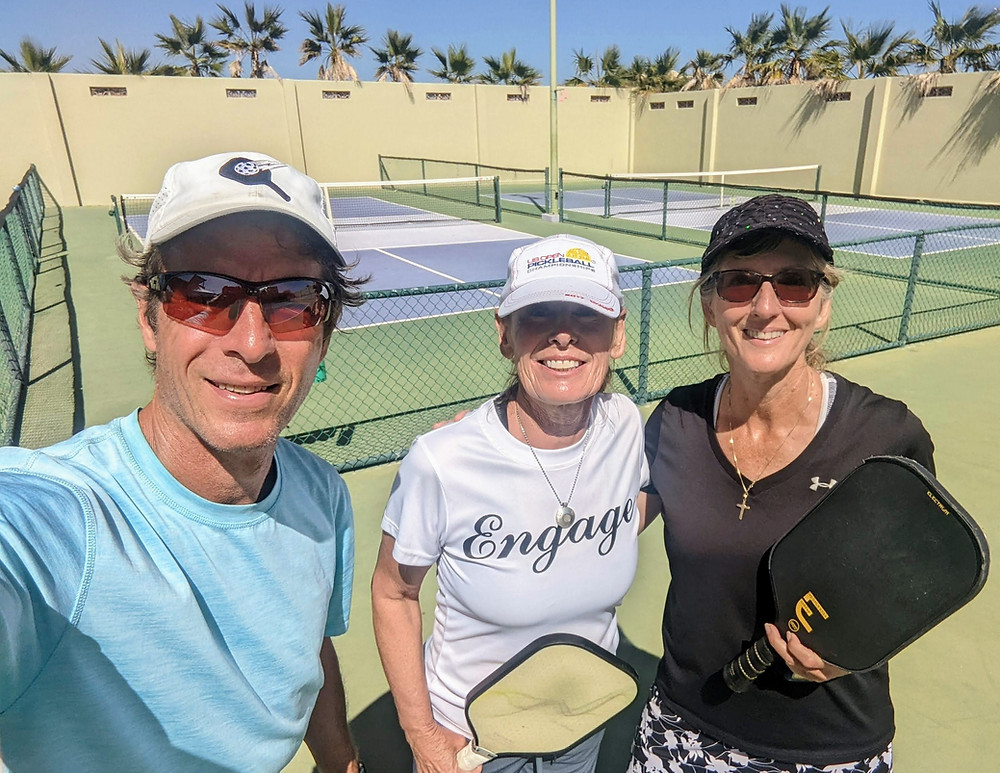 Ky Coffey, Gigi LeMaster, Bonnie Coffey at Engage Pickleball Camp in Los Barriles, Mexico at Tres Palapas