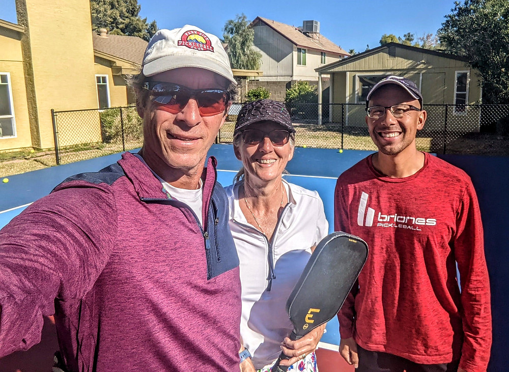 Jordan Briones pickleball pro giving lesson to Coffeys2Go in Chandler, AZ at home court.