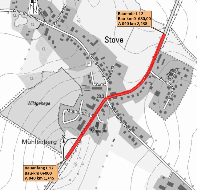 Karte von Stove/Mühlenberg mit roter Trasse L12 von Bauanfang bis Bauende, markierten Bau-km und Ortsnamen.
