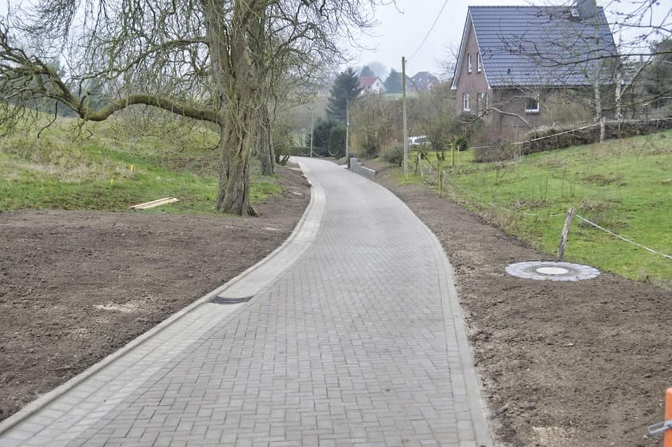 Geschwungener Pflasterweg durch ländliche Grünflächen mit Bäumen und Haus, unter grauem Himmel.