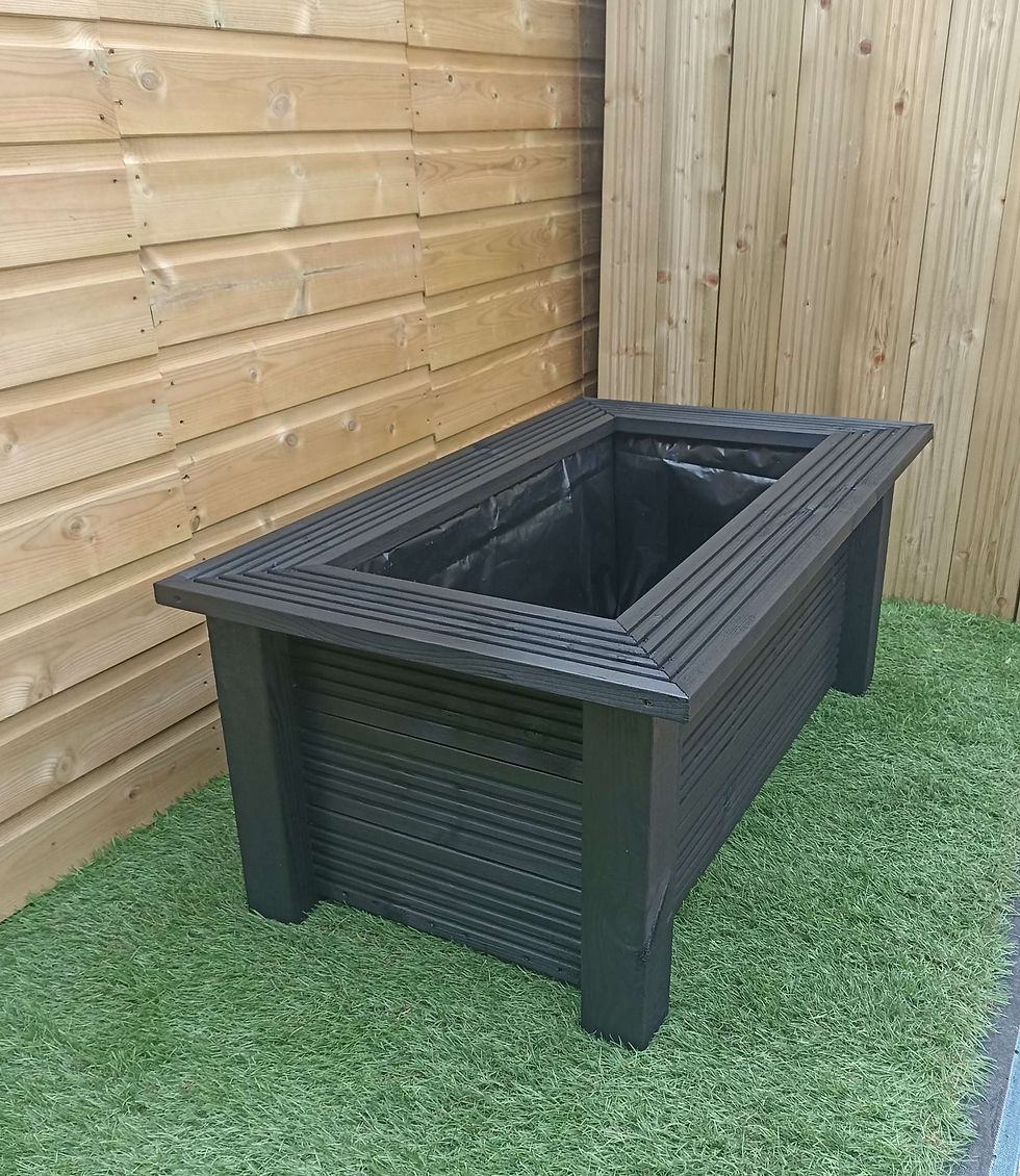 Black raised garden water feature with bench seat top 98 cm side view