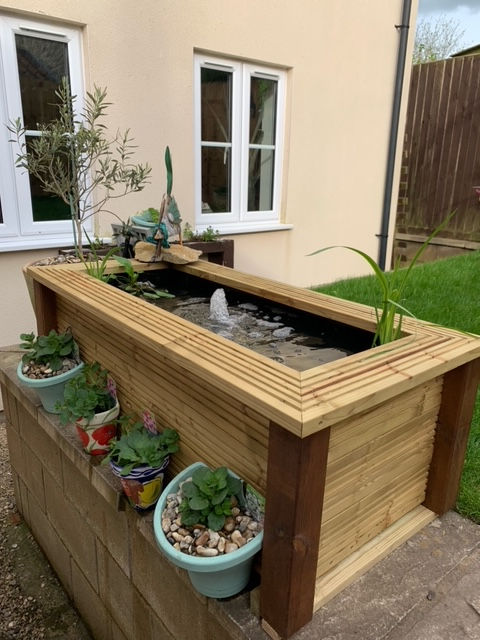 rectangular patio pond with seating
