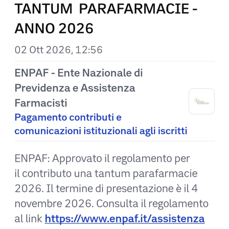 Contributo Enpaf per le parafarmacie 2026