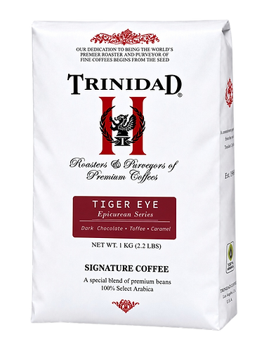 A 1-kilogram bag of artisan-roasted Tiger Eye coffee from Trinidad Coffee Company's Epicurean Series.