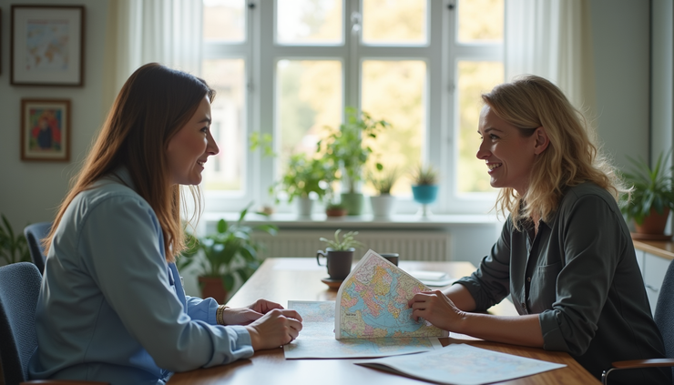 Eye-level view of a travel agent consulting a client with world maps and travel brochures