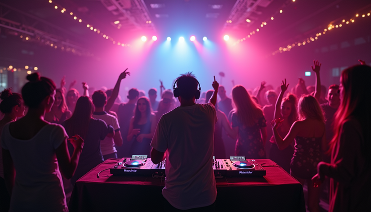 Eye-level view of a DJ booth with colorful lights illuminating a diverse crowd dancing