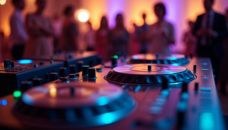 Eye-level view of a DJ setup with turntables and mixer at a wedding reception
