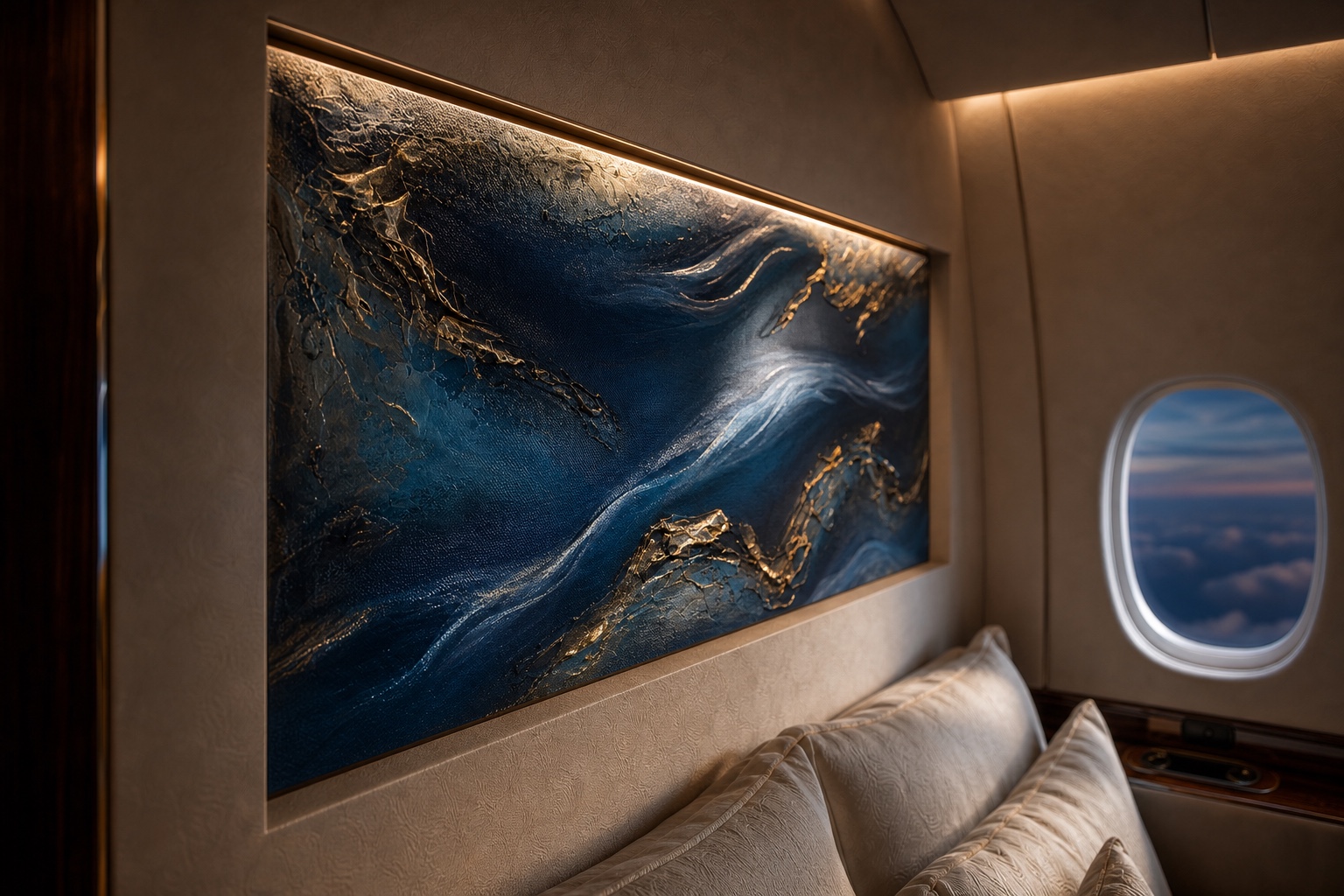 Raking light across the sculptural surface of an original Dani Abbott artwork in a private jet stateroom.
