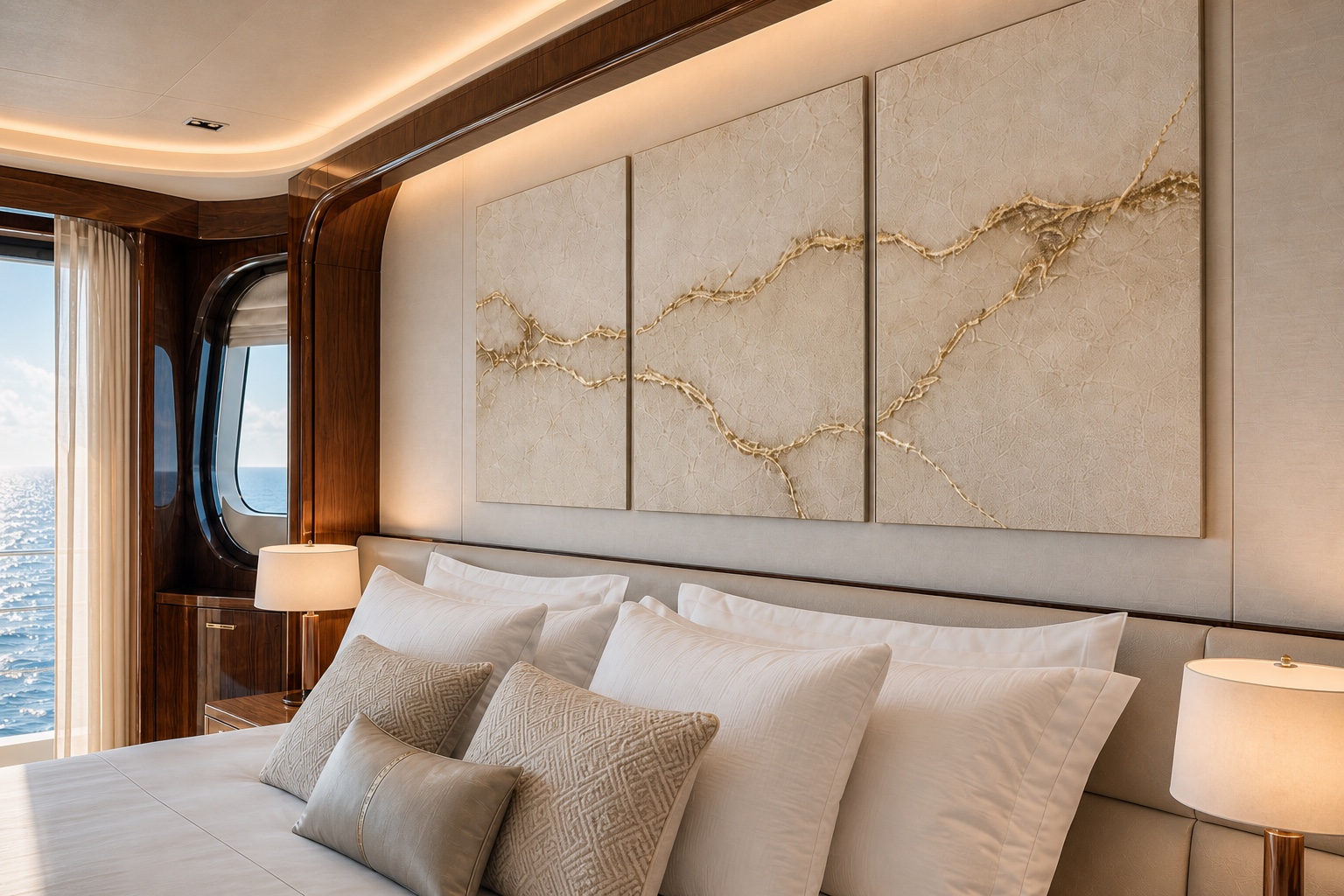 Close view of the ivory surface and gold veining in an original Dani Abbott artwork aboard a yacht.