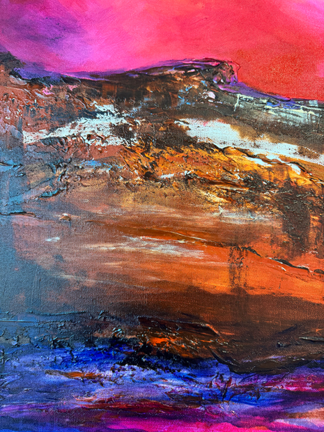 Surface detail of Desert Dream by Dani Abbott, showing soft acrylic movement and atmospheric Southwest color.