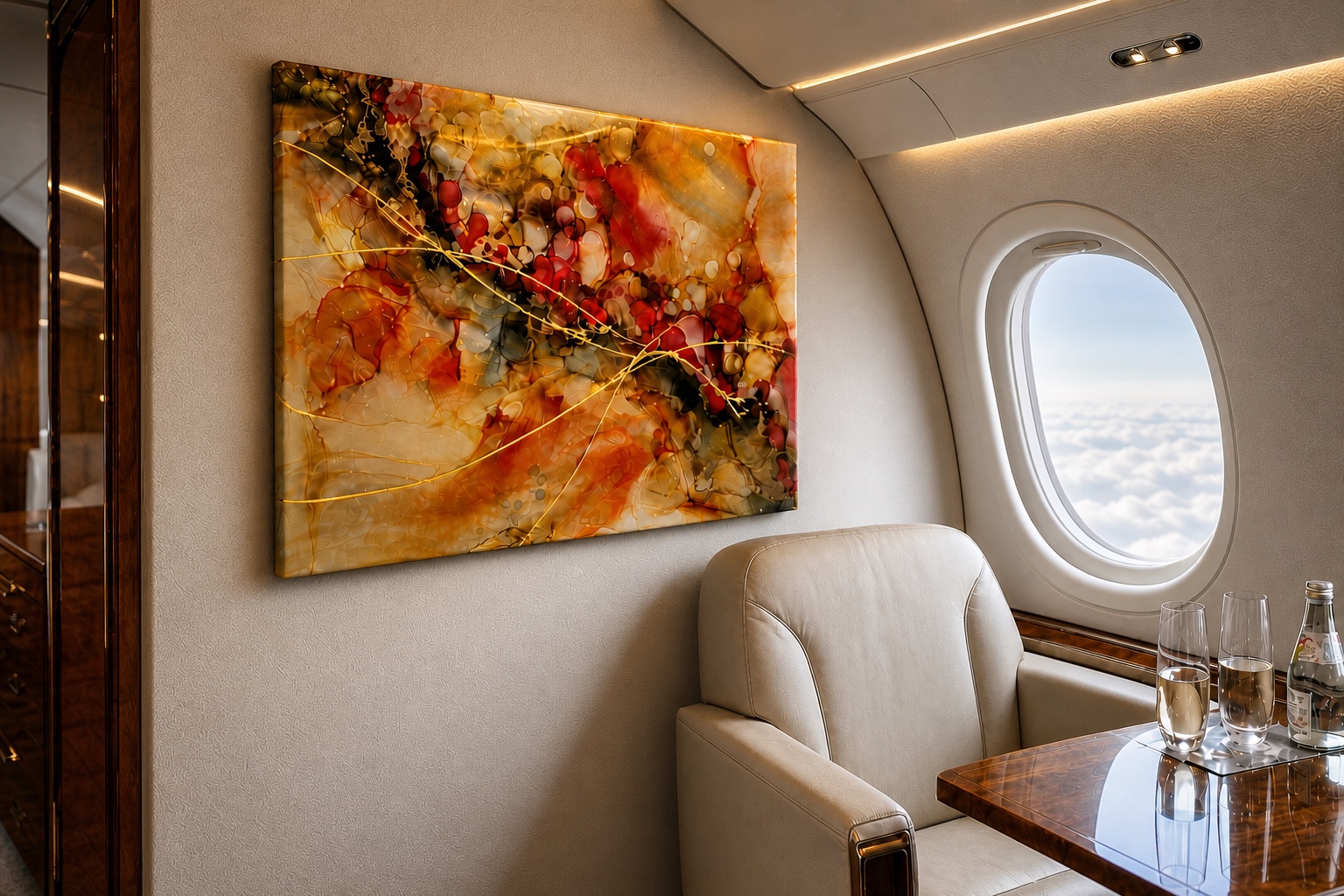Close view of the layered amber and gold surface of an original Dani Abbott artwork in a private jet cabin.