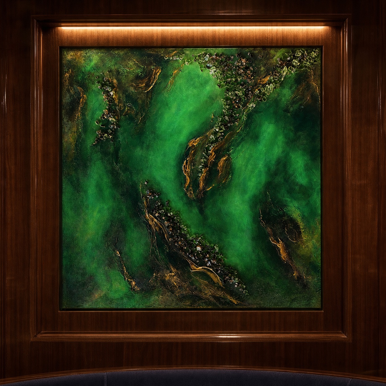 Close view of an original Dani Abbott artwork set into a lit recessed niche aboard a yacht.
