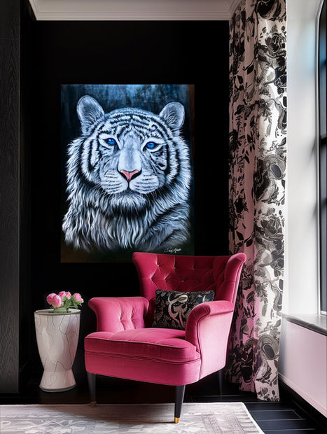 White tiger painting Blue Eyes by Dani Abbott, an original 48x36 acrylic artwork with luminous blue eyes.